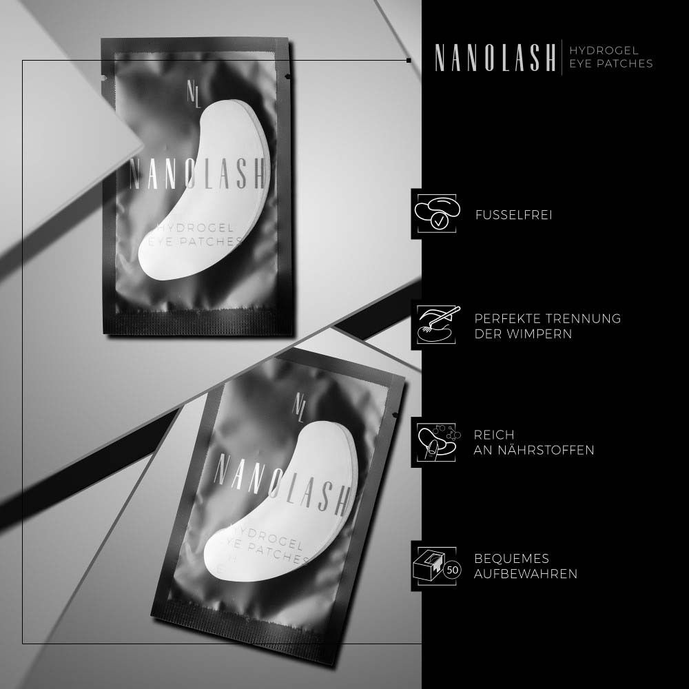 Deux paquets de patchs pour les yeux. Logo et nom du produit visibles. Texte et icônes.