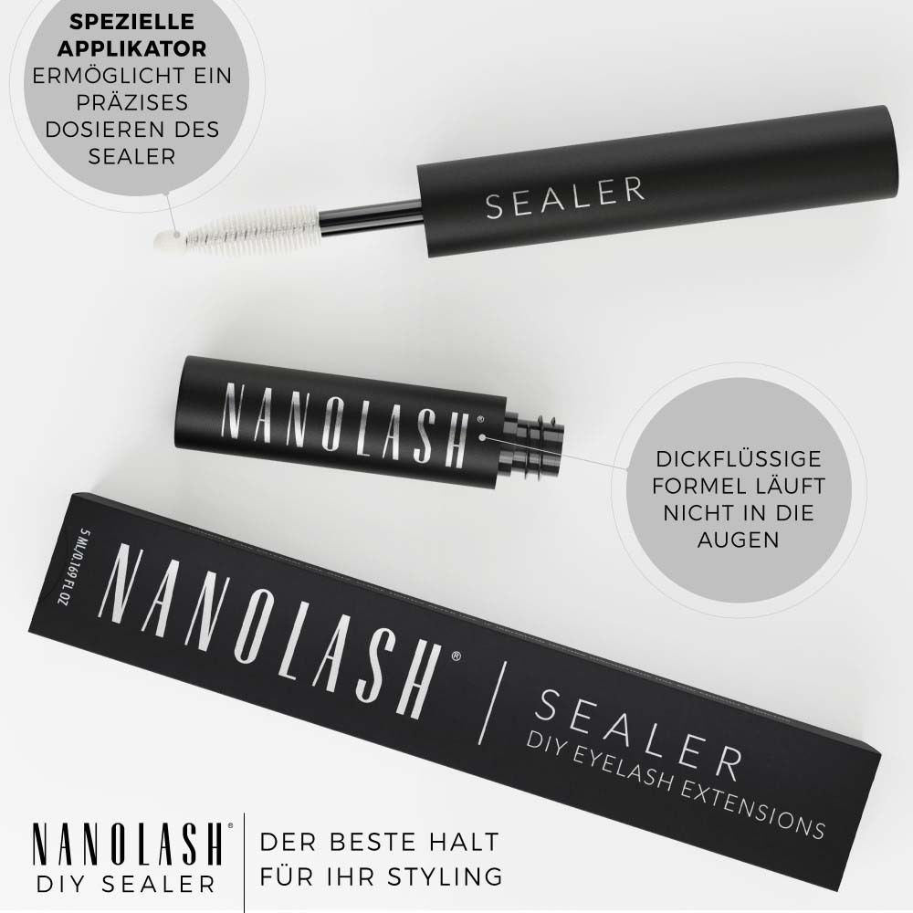 Nanolash DIY Sealer : Applicateur noir avec brosse, flacon séparé et emballage. Texte : 'Applicateur spécial', 'Formule épaisse ne coule pas dans les yeux'.