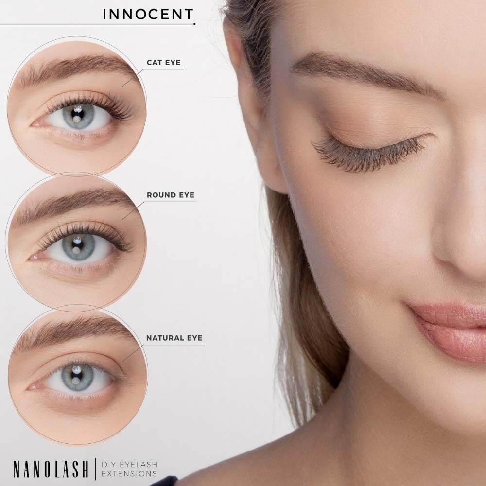 Trois formes d'yeux : Cat Eye, Round Eye, Natural Eye. NANOLASH DIY Extensions de cils. Nom du produit : INNOCENT.