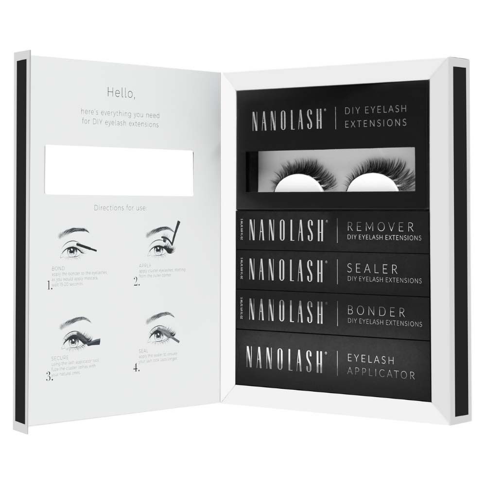 Étui NANOLASH Fantasy. Contient cils, démaquillant, scellant, colle et applicateur. Emballage noir, intérieur blanc.