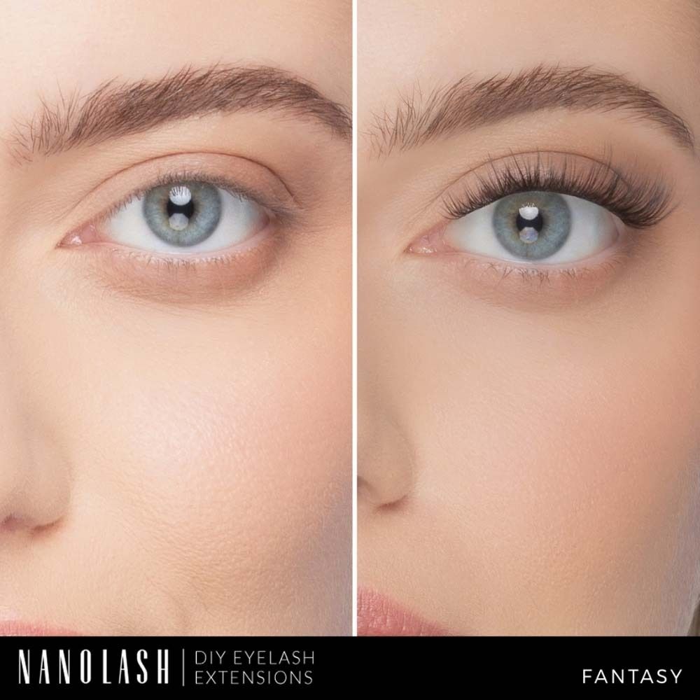 Comparaison avant-après. Un œil sans et un avec extensions de cils NANOLASH. Différence notable de longueur et de volume.