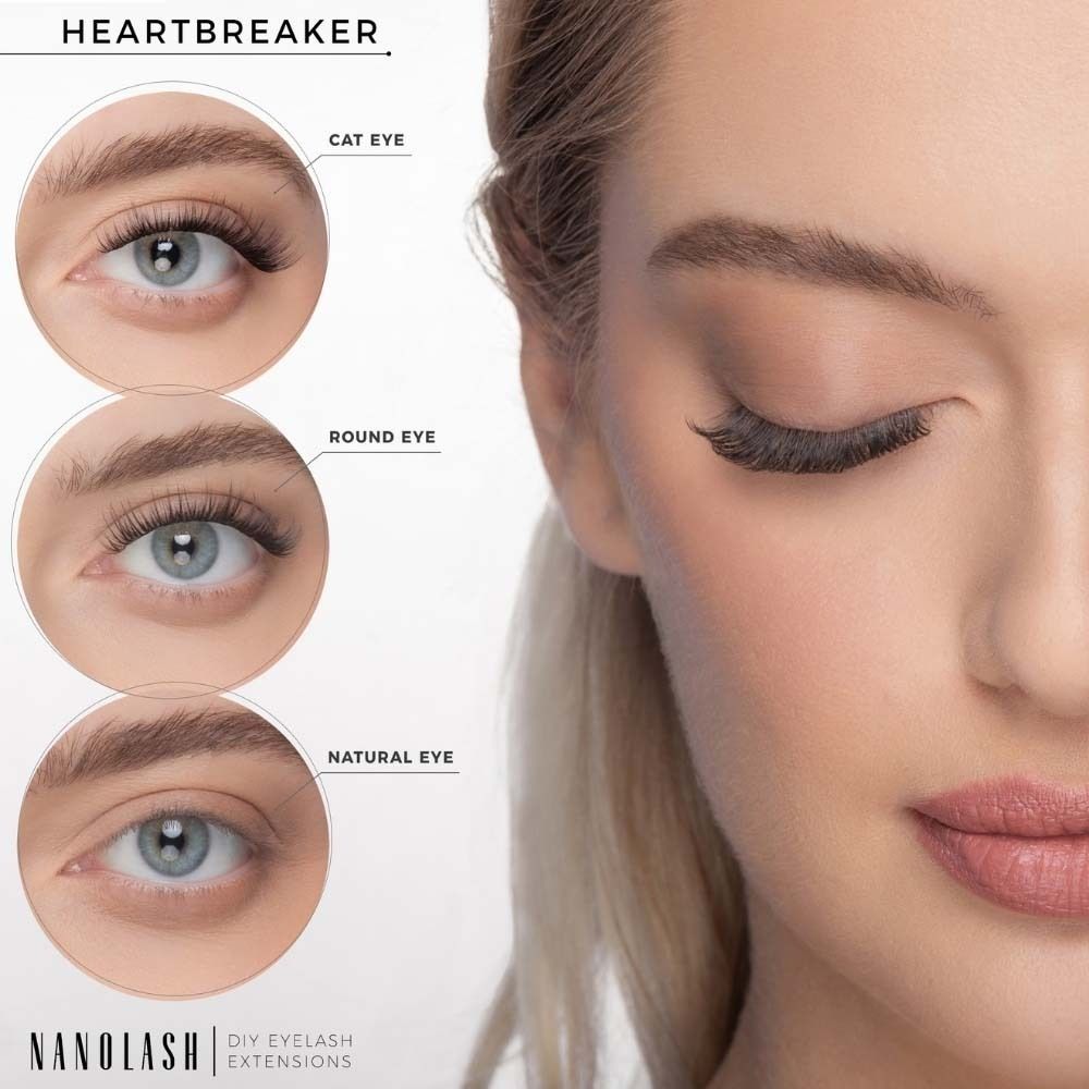 Trois formes d'yeux : Cat Eye, Round Eye, Natural Eye. Logo NANOLASH. Nom du produit HEARTBREAKER.