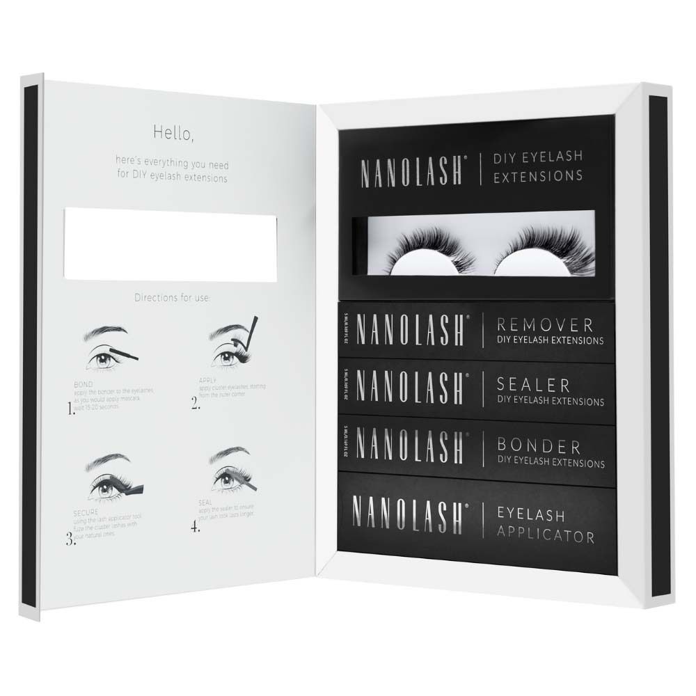 Kit Nanolash DIY Extensions de cils avec cils, dissolvant, scellant, fixateur et applicateur.