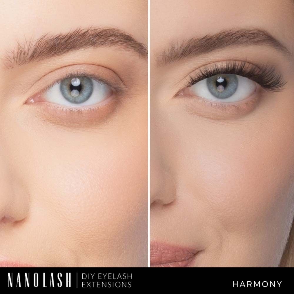 Comparaison avant-après de cils. Gauche : cils naturels. Droite : avec extensions de cils DIY Nanlsh.