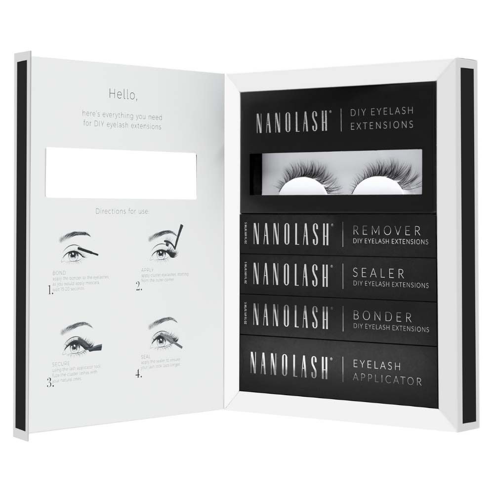 Étui NANOLASH Chic ouvert. Cils, dissolvant, scellant, liant et applicateur. Instructions à l'intérieur.