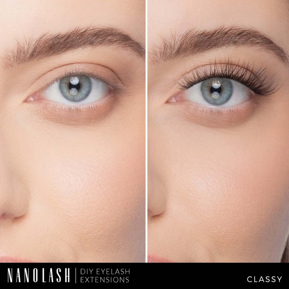 Gros plan d'un œil avant et après l'application d'extensions de cils. Marque NANOLASH, DIY EYELASH EXTENSIONS, CLASSY.