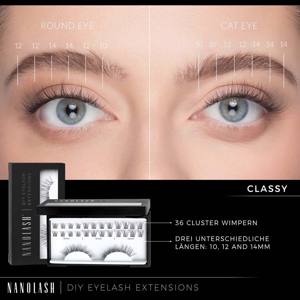 Gros plan d'yeux avec extensions de cils. Emballage du produit avec 36 cils en grappes. Marque NANOLASH, DIY EYELASH EXTENSIONS, CLASSY.