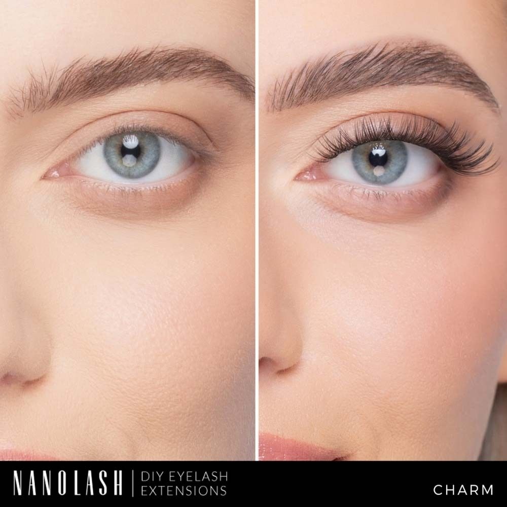 Comparaison avant-après : un œil sans et avec extensions de cils NANOLASH. Nom du produit : CHARM.