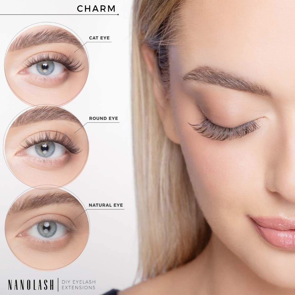 Trois formes d'yeux avec extensions de cils NANOLASH : Cat Eye, Round Eye, Natural Eye. Nom du produit : CHARM.