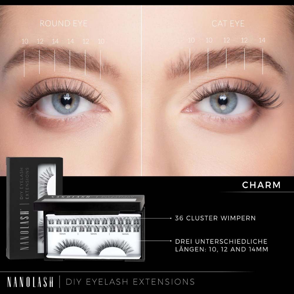 Étui NANOLASH avec charme. Contient 36 cils en grappes en 3 longueurs. Nom du produit : CHARM.