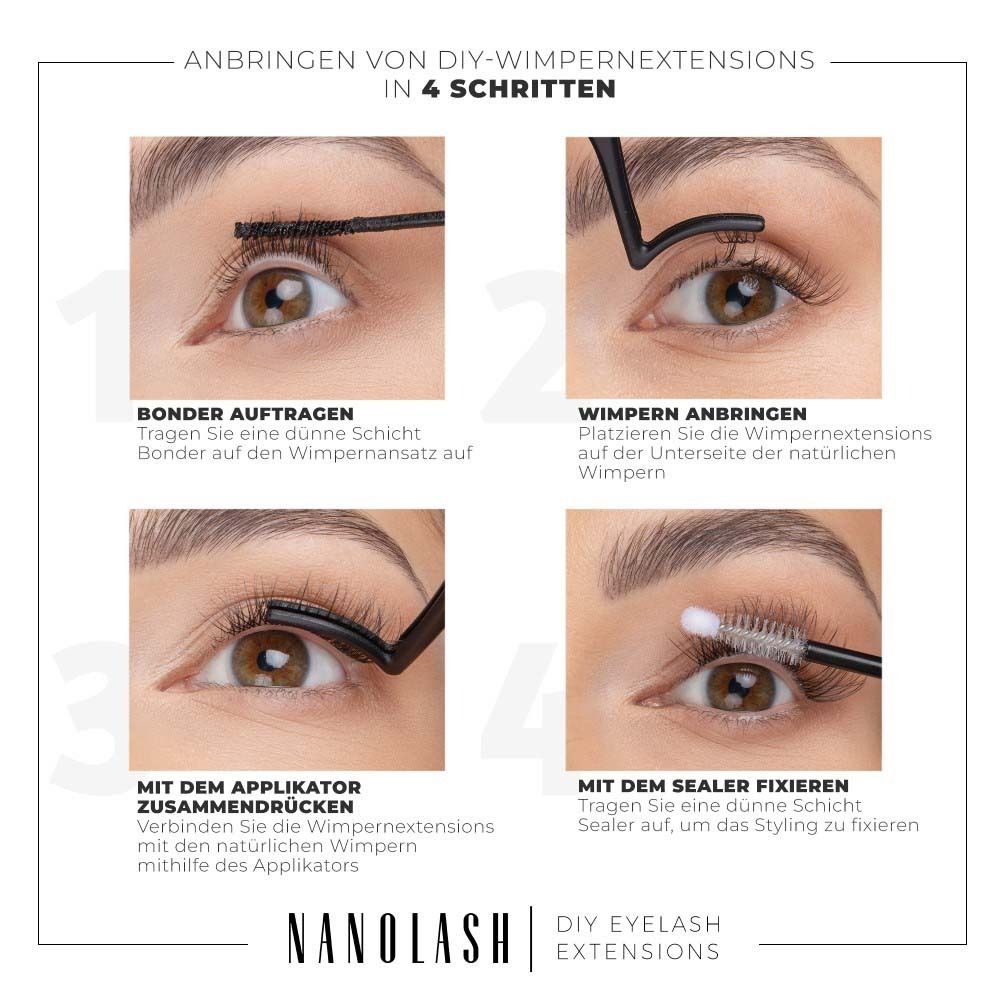Instructions en 4 étapes pour les extensions de cils NANOLASH. Appliquer le liant, poser les cils, presser, fixer.