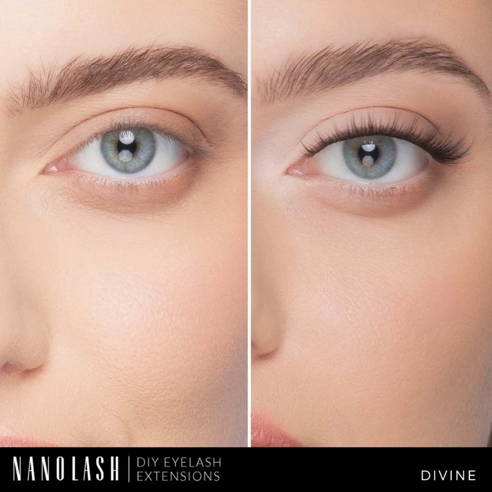 Comparaison avant-après. Œil gauche : sans extensions de cils. Œil droit : avec extensions de cils NANOLASH.