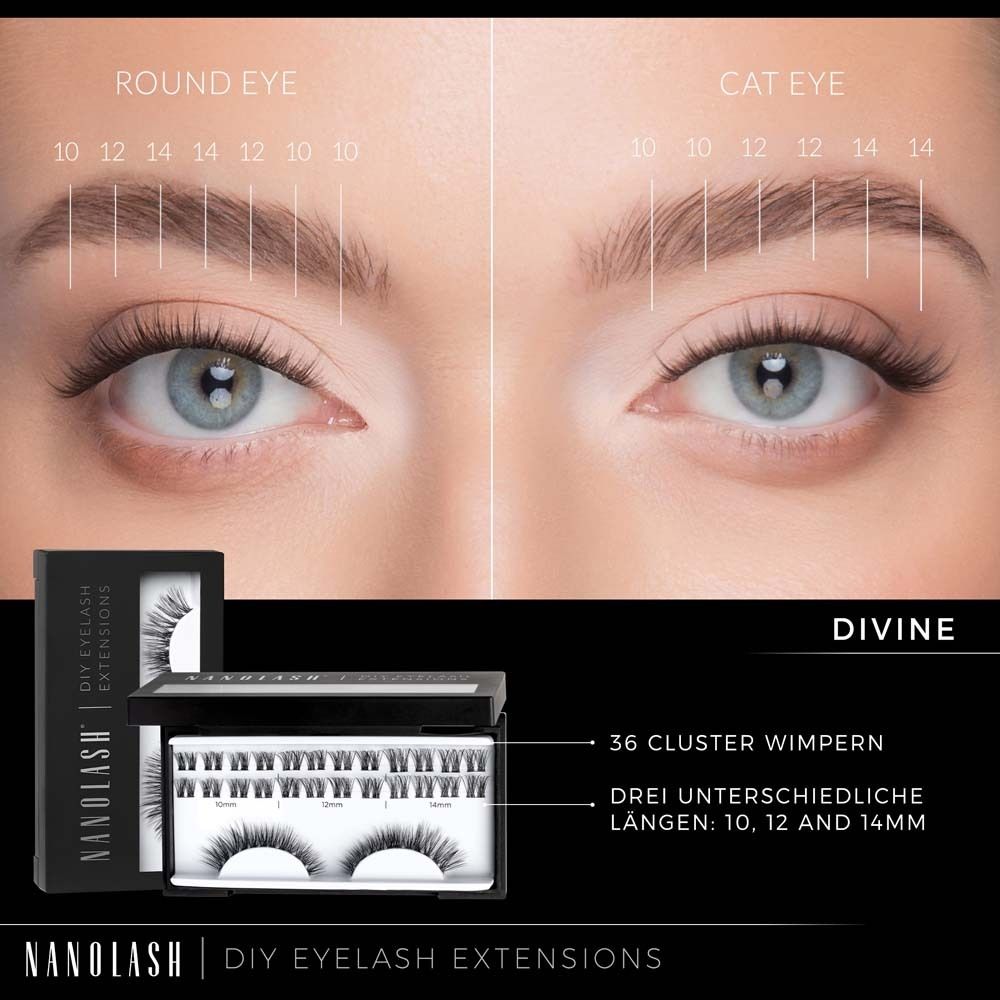 NANOLASH Divine Etui. Contient 36 cils en grappes en 3 longueurs. Emballage avec informations produit.