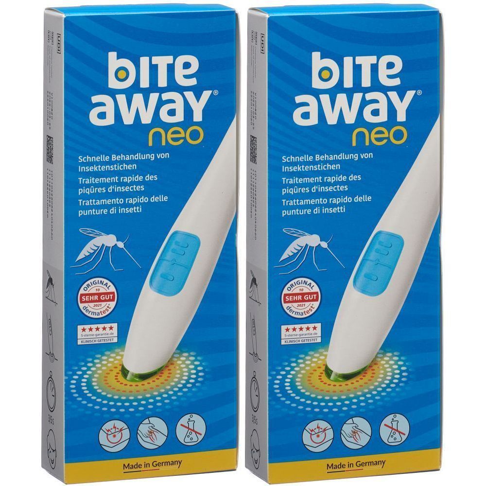 Deux boîtes de BITE AWAY® Neo. Appareils blancs avec panneau bleu, sur boîtes bleues avec nom et logos du produit.