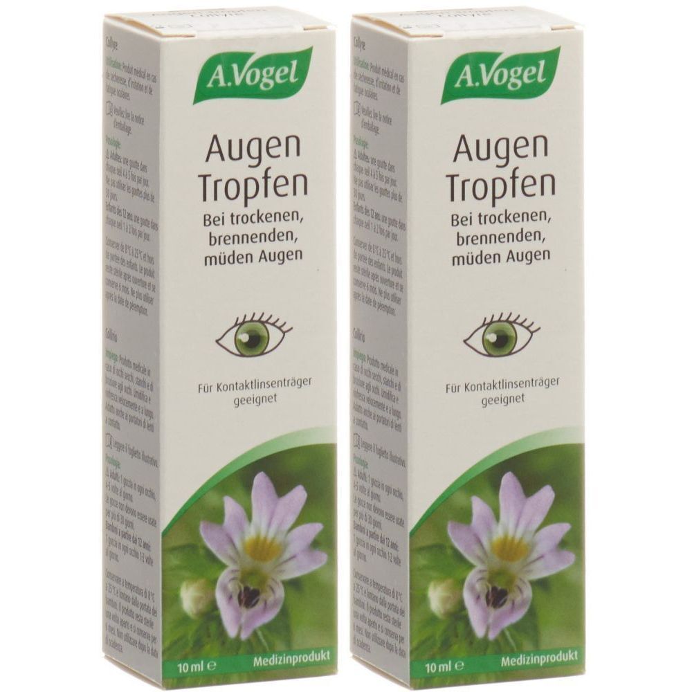 Deux boîtes de gouttes ophtalmiques A. Vogel. Inscription : Augen Tropfen, pour yeux secs, brûlants, fatigués. Illustration d'œil et motif floral.