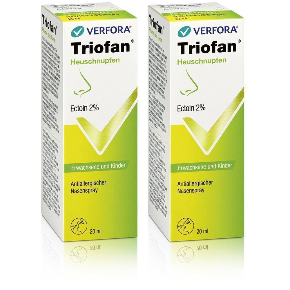 Deux boîtes de spray nasal Triofan Heuschnupfen. Emballage vert et blanc avec nom et informations.