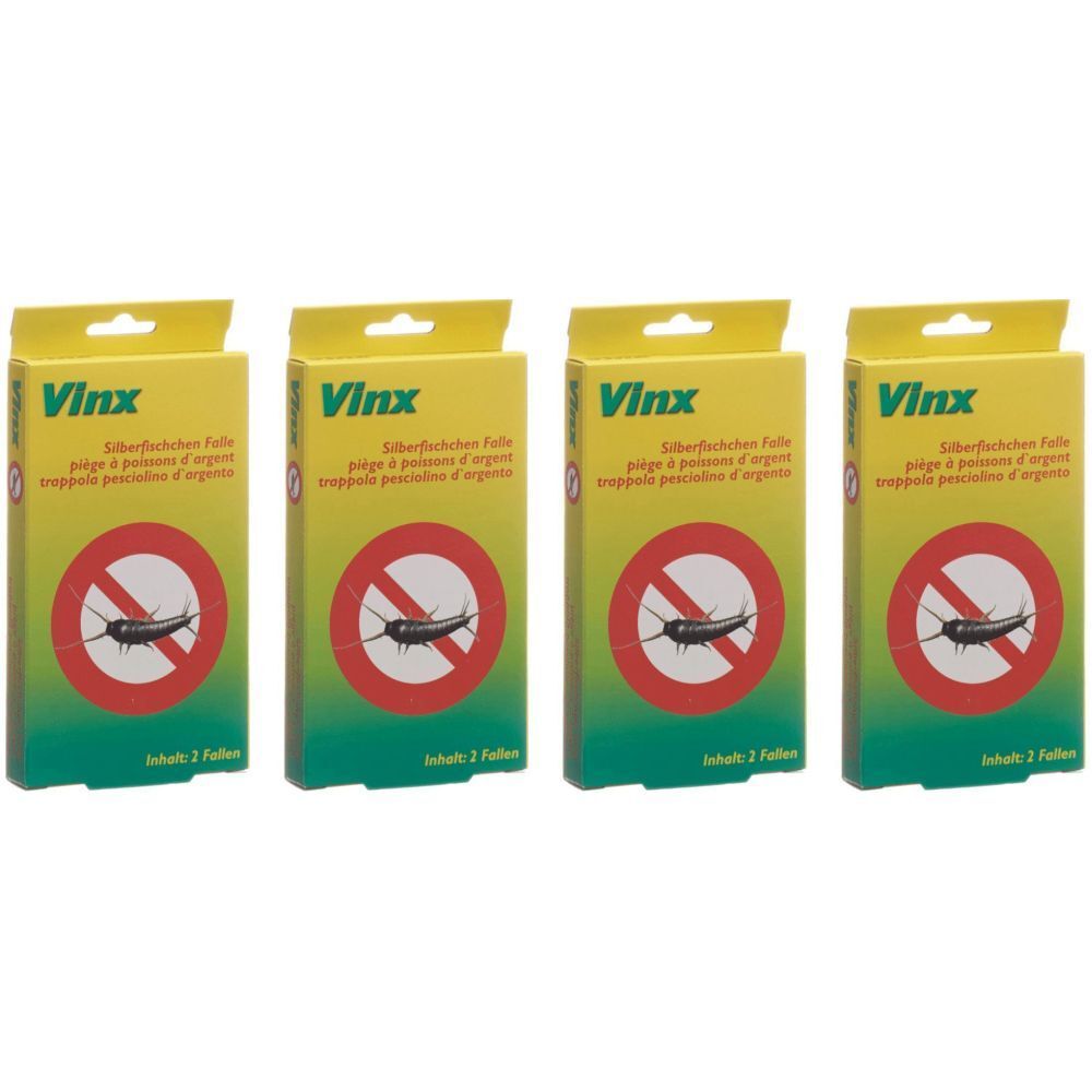 Quatre boîtes de pièges à poissons d'argent VINX. Emballage jaune avec cercle rouge et symbole de poisson d'argent. Texte en allemand, français et italien.