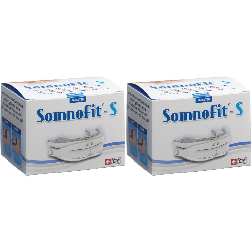 Deux boîtes de Somnofit-S. Chaque boîte présente un appareil buccal et le drapeau suisse. Le nom est en bleu.