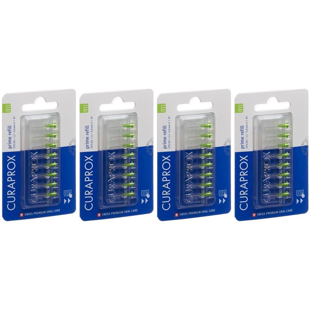 Quatre emballages blister de têtes de brosse interdentaire. Chaque emballage contient des têtes de brosse vertes et la marque CURAPROX.