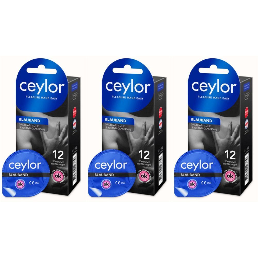Trois boîtes de Ceylor Blauband. Chaque boîte contient un emballage de préservatif bleu et une boîte noire avec l'inscription "12".