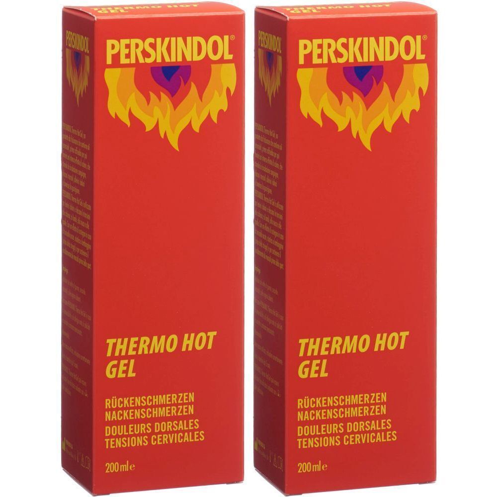 Deux boîtes rouges de PERSKINDOL Thermo Hot Gel. Inscriptions : douleurs dorsales, tensions cervicales, 200 ml.