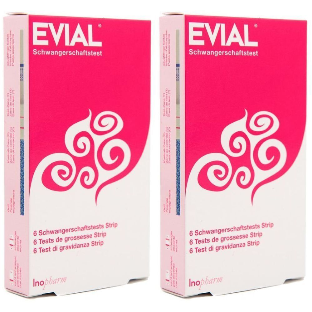 Deux boîtes de test de grossesse EVIAL. Emballage rose et blanc avec nom du produit et texte. Contient 6 bandelettes.