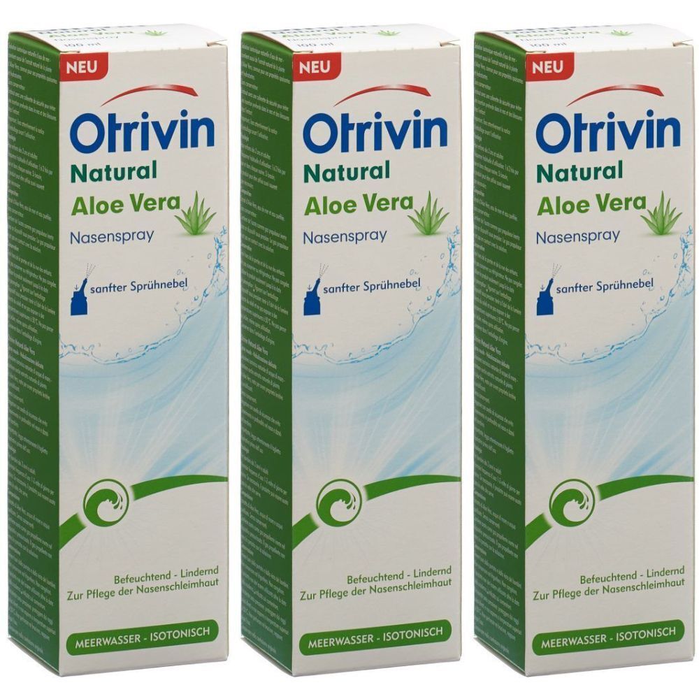 Trois boîtes de spray nasal. Inscription : Otrivin Natural Aloe Vera Nasenspray. Avec aloe vera et eau de mer. Impression : brume douce.