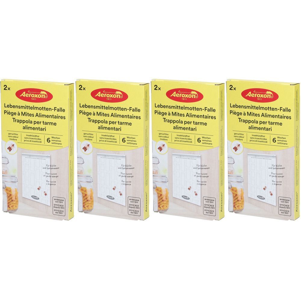 Quatre boîtes de pièges à mites alimentaires AEROXON. Emballage jaune avec nom et logo du produit. Contient 6 pièges.