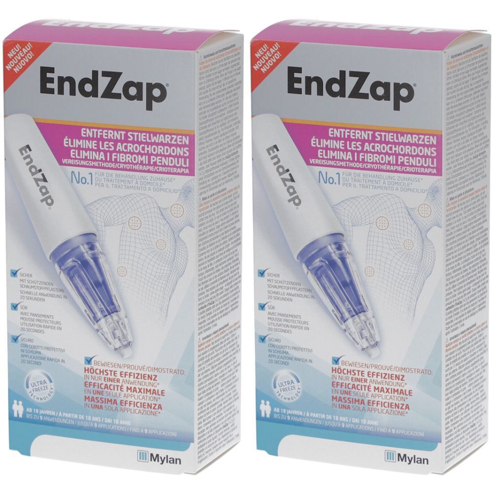 Deux boîtes EndZap. Inscription : Élimine les acrochordons. Stylo blanc-violet sur l'emballage. Logo Mylan en bas. Étiquette Nouveau en haut.