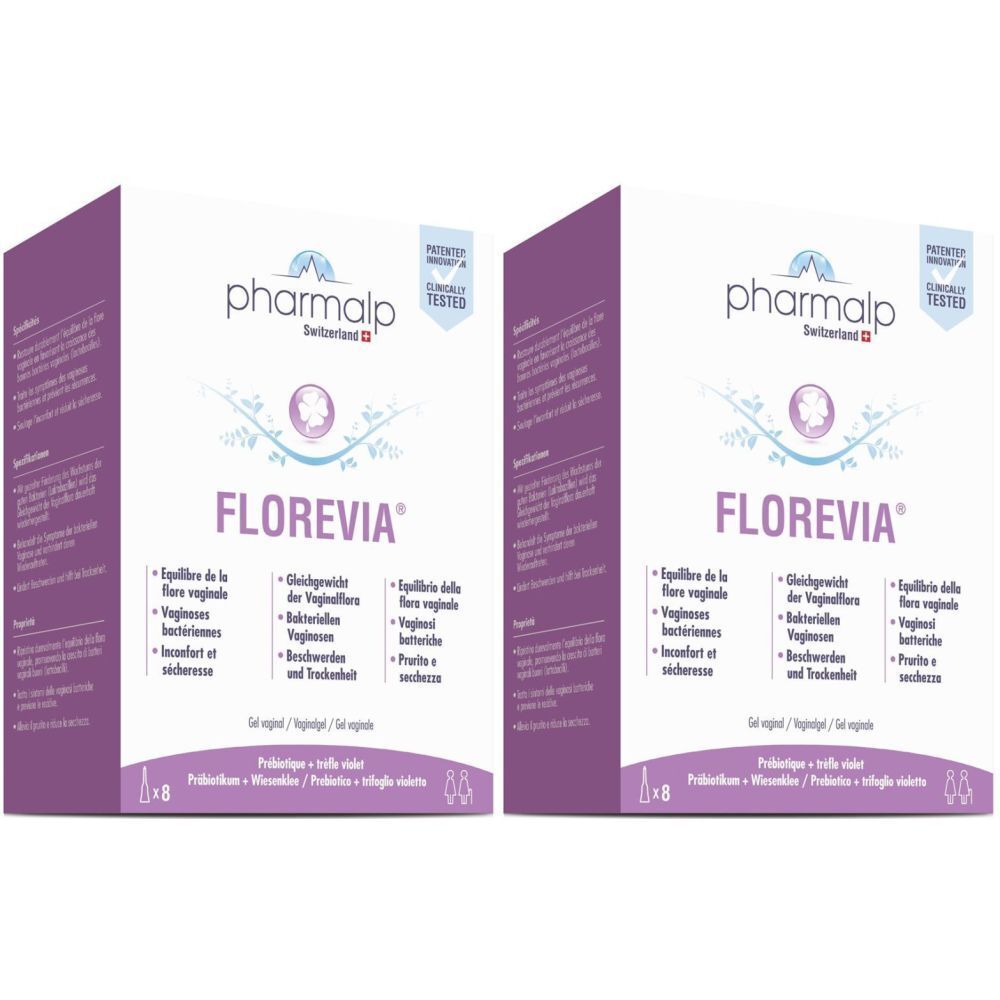 Deux boîtes de Florevia. Inscription: Pharmalp, Florevia, drapeau suisse, testé cliniquement. Design violet et blanc.