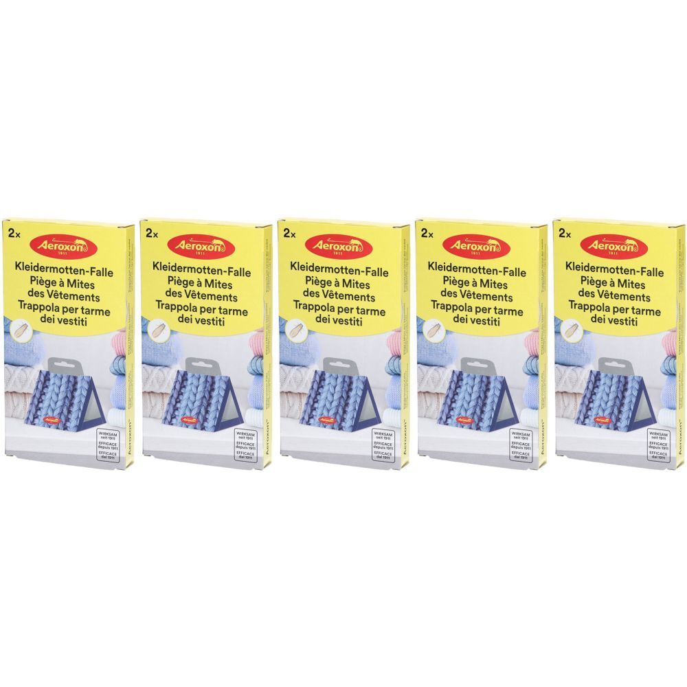 Plusieurs boîtes de pièges à mites AEROXON. Emballage jaune avec image du produit et texte multilingue.