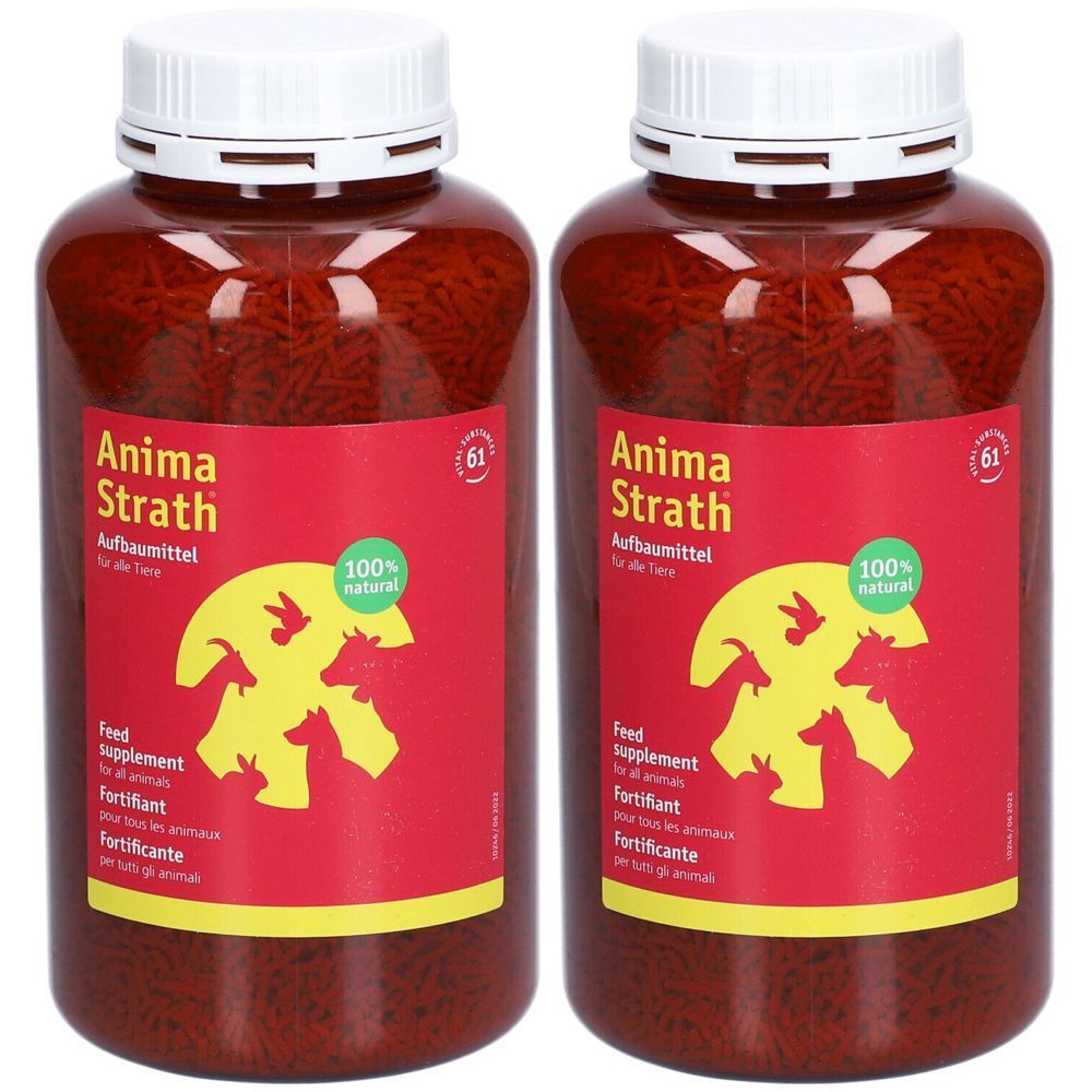 Deux flacons de ANIMA Strath Granulés. Étiquettes rouges avec logo jaune et texte. Bouchons blancs. Liquide brun visible.