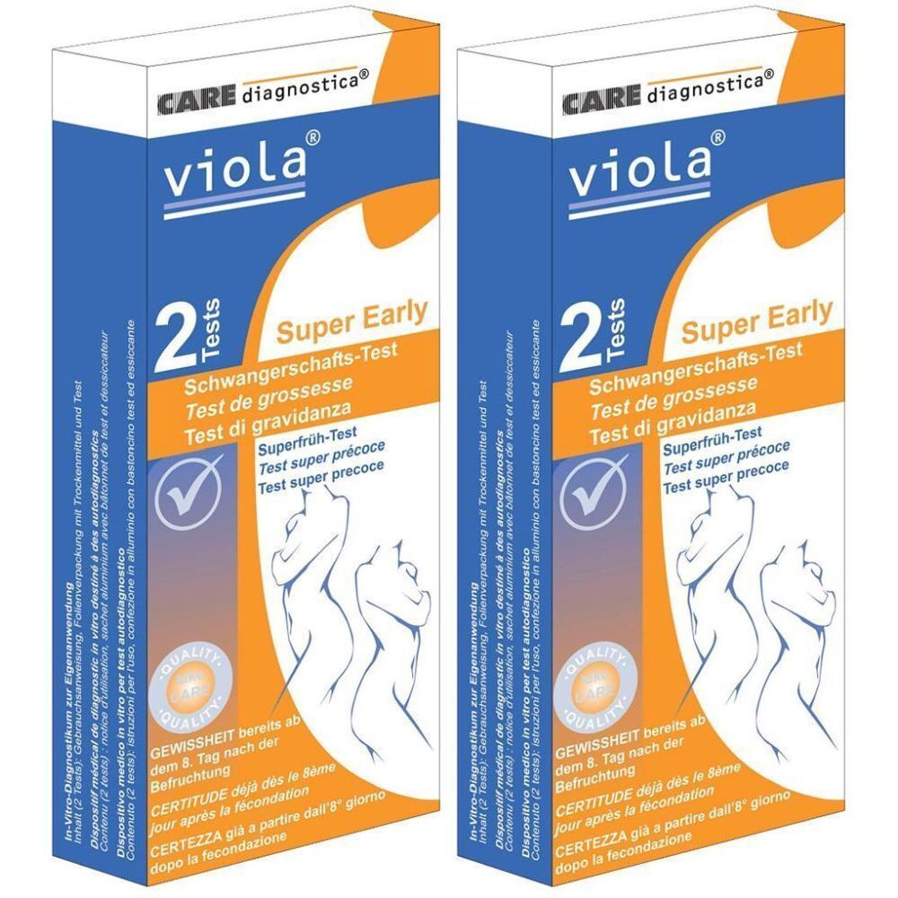 Deux boîtes de test de grossesse VIOLA®. Emballage bleu et orange. Texte : Super Early, 2 tests. Logo CARE diagnostica.