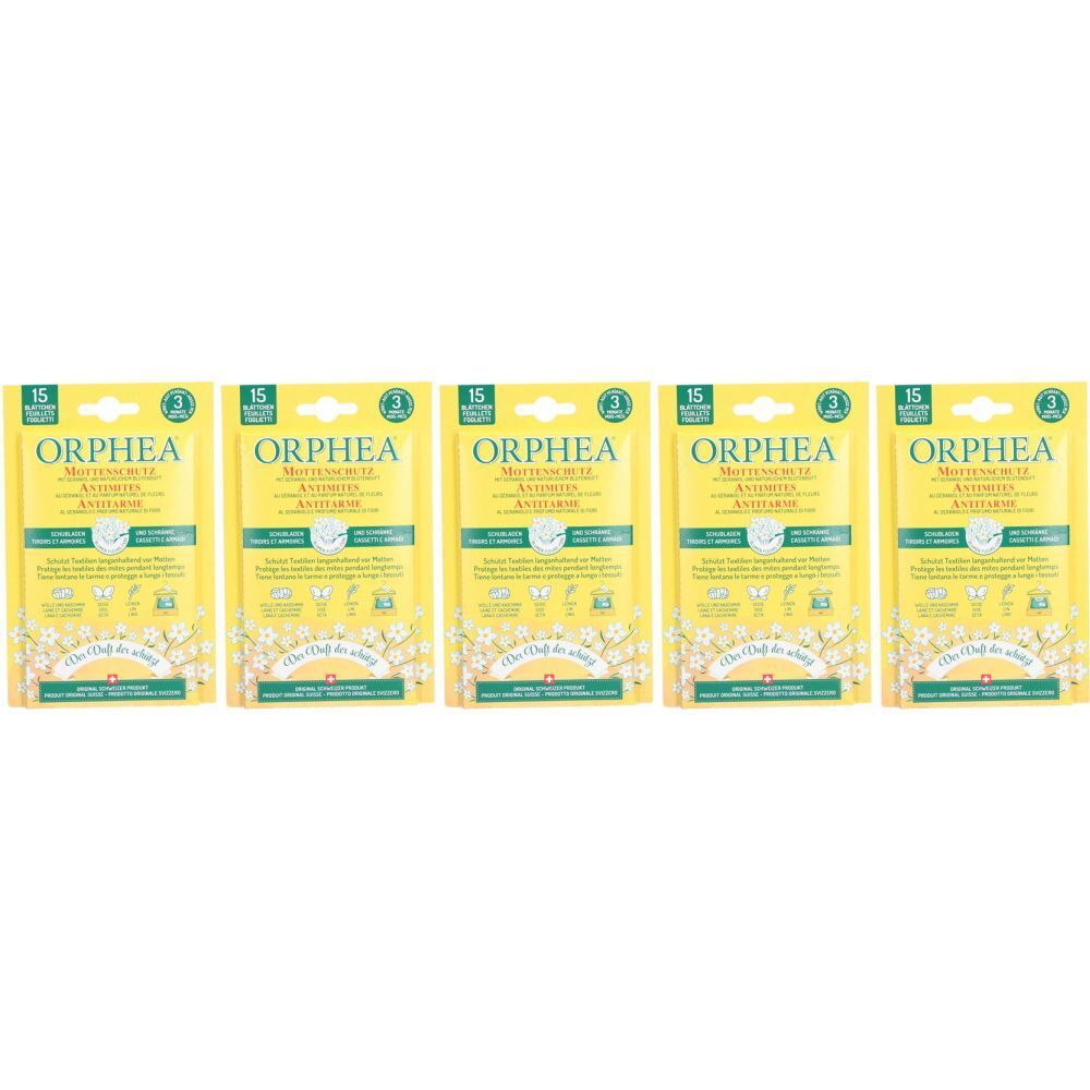 Cinq emballages jaunes avec le logo ORPHEA. Chaque emballage indique "Schädlingsbekämpfungsmittel" et "Geraniol und Blüten".