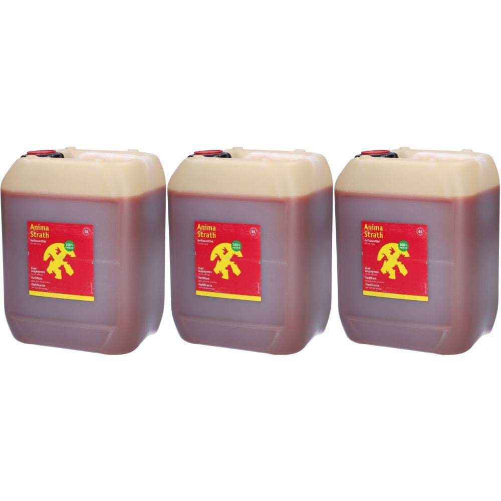 Trois conteneurs carrés avec liquide. Étiquette rouge: Anima Strath. Logo jaune. Couvercles rouges.