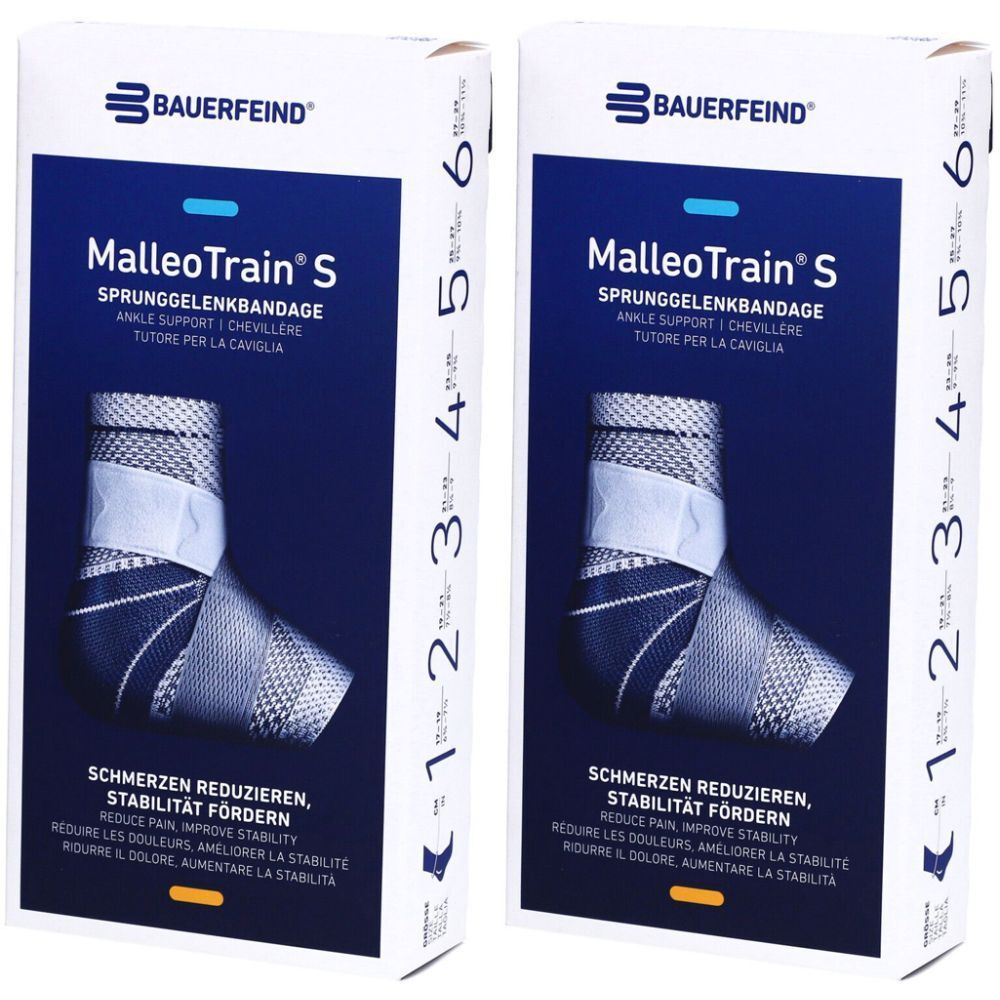 Deux boîtes de bandages de cheville. Inscription: MalleoTrain S, Bauerfeind. Tailles 1-6. Réduit la douleur, améliore la stabilité.