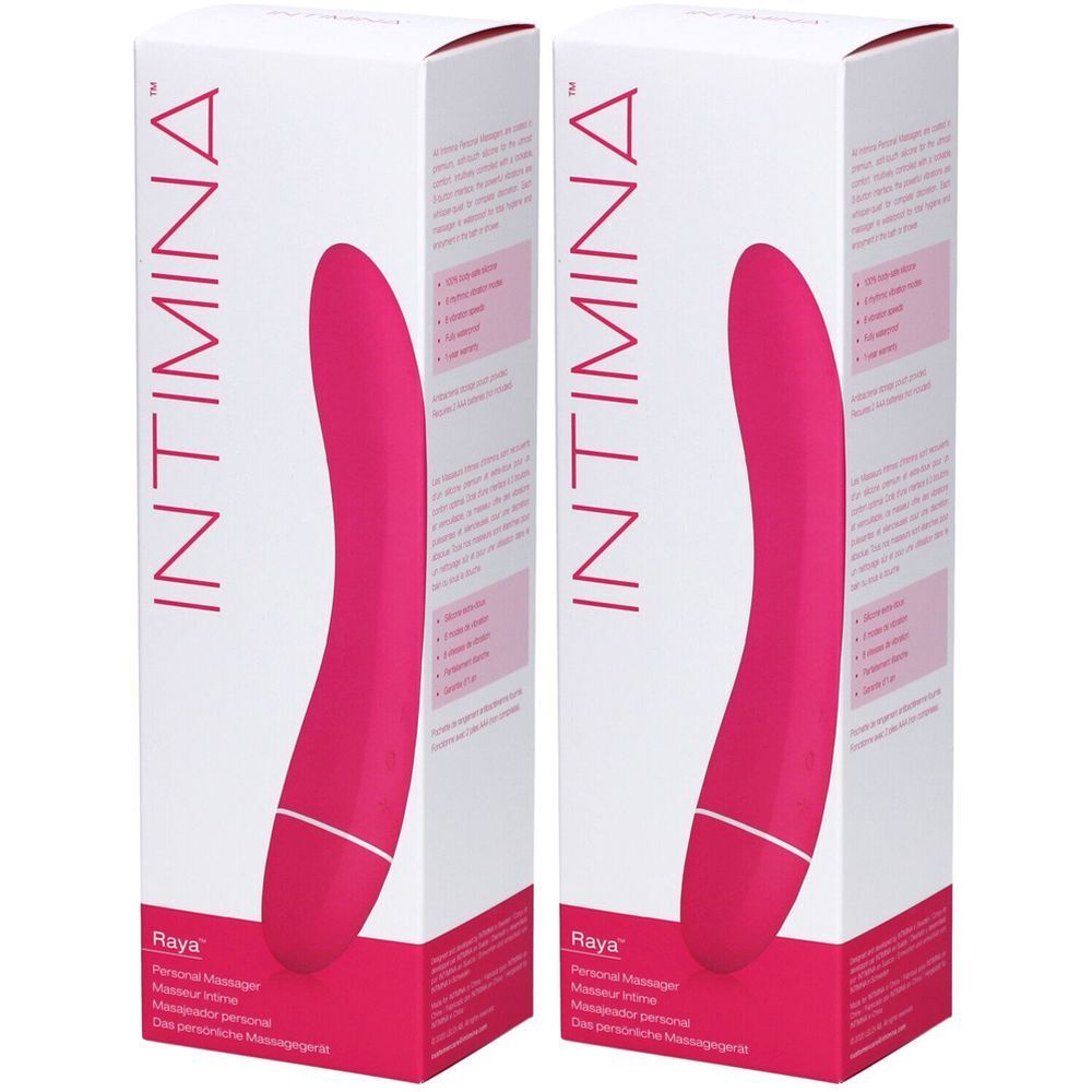Deux boîtes avec un masseur rose. Les boîtes portent les inscriptions "INTIMINA" et "Raya".