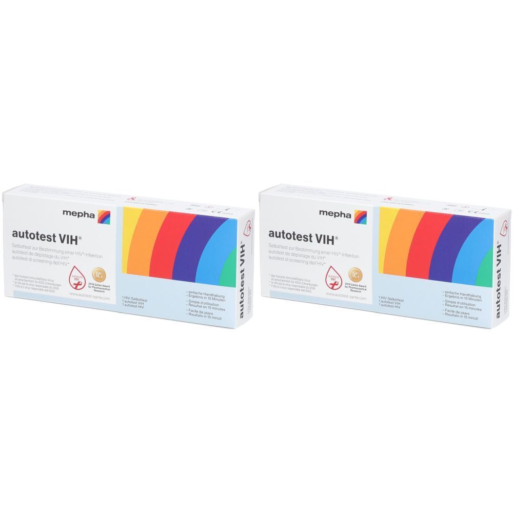 Deux boîtes de MEPHA Autotest VIH®. Boîtes blanches avec motif arc-en-ciel et texte. Logo et nom du produit clairement visibles.