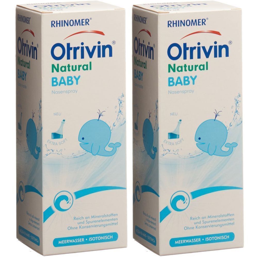 Deux boîtes de spray nasal "Otrivin Natural Baby". Inscriptions : "RHINOMER", illustration de baleine, "Eau de mer + isotonique".