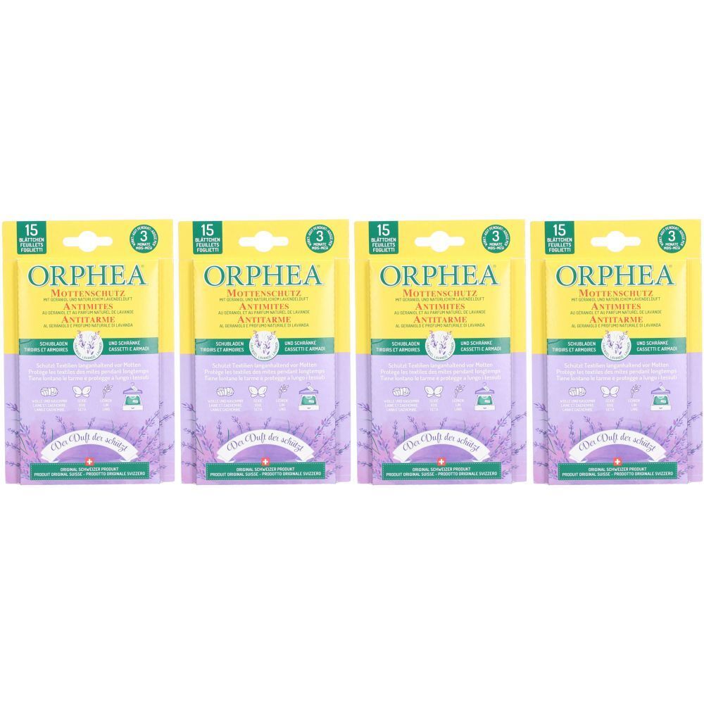 Quatre paquets de protection anti-mites ORPHEA. Emballage jaune et violet avec nom du produit et illustrations de lavande. Contient 15 comprimés.