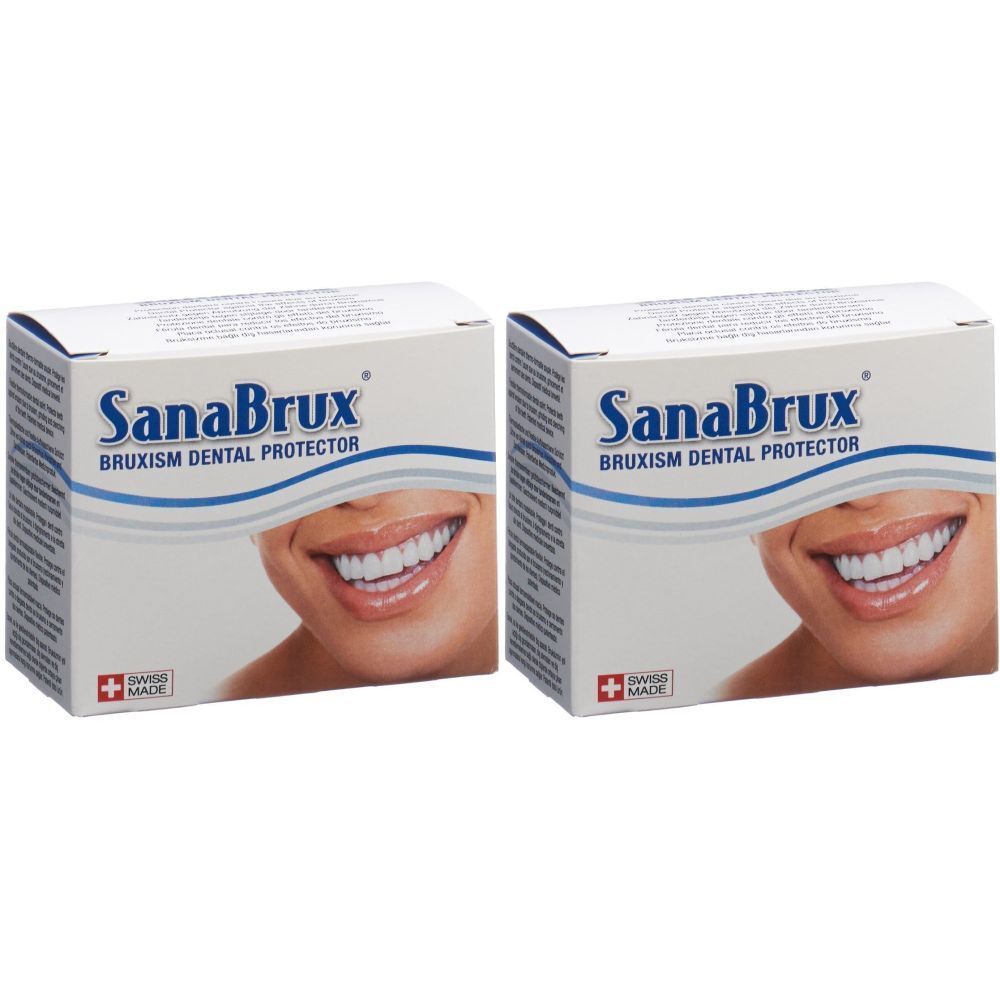 Deux boîtes blanches avec "SanaBrux" et "Bruxism Dental Protector". Un sourire est illustré. Croix suisse.