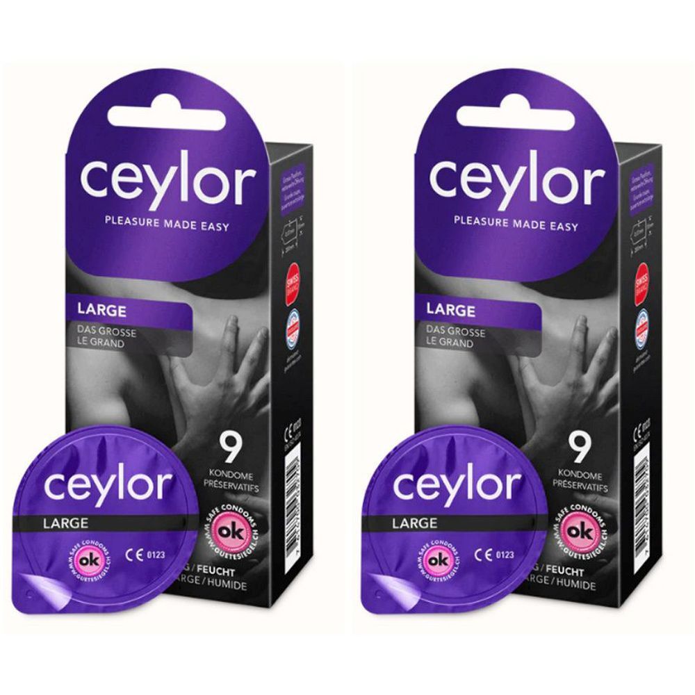 Deux boîtes de préservatifs. Chaque boîte porte les mentions "ceylor", "LARGE" et "9 préservatifs".