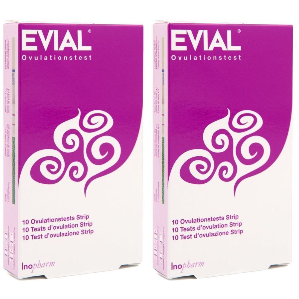 Deux boîtes de test d'ovulation EVIAL. Boîtes blanches avec accents violets et texte. Contient 10 bandelettes de test. Logo Inopharm.