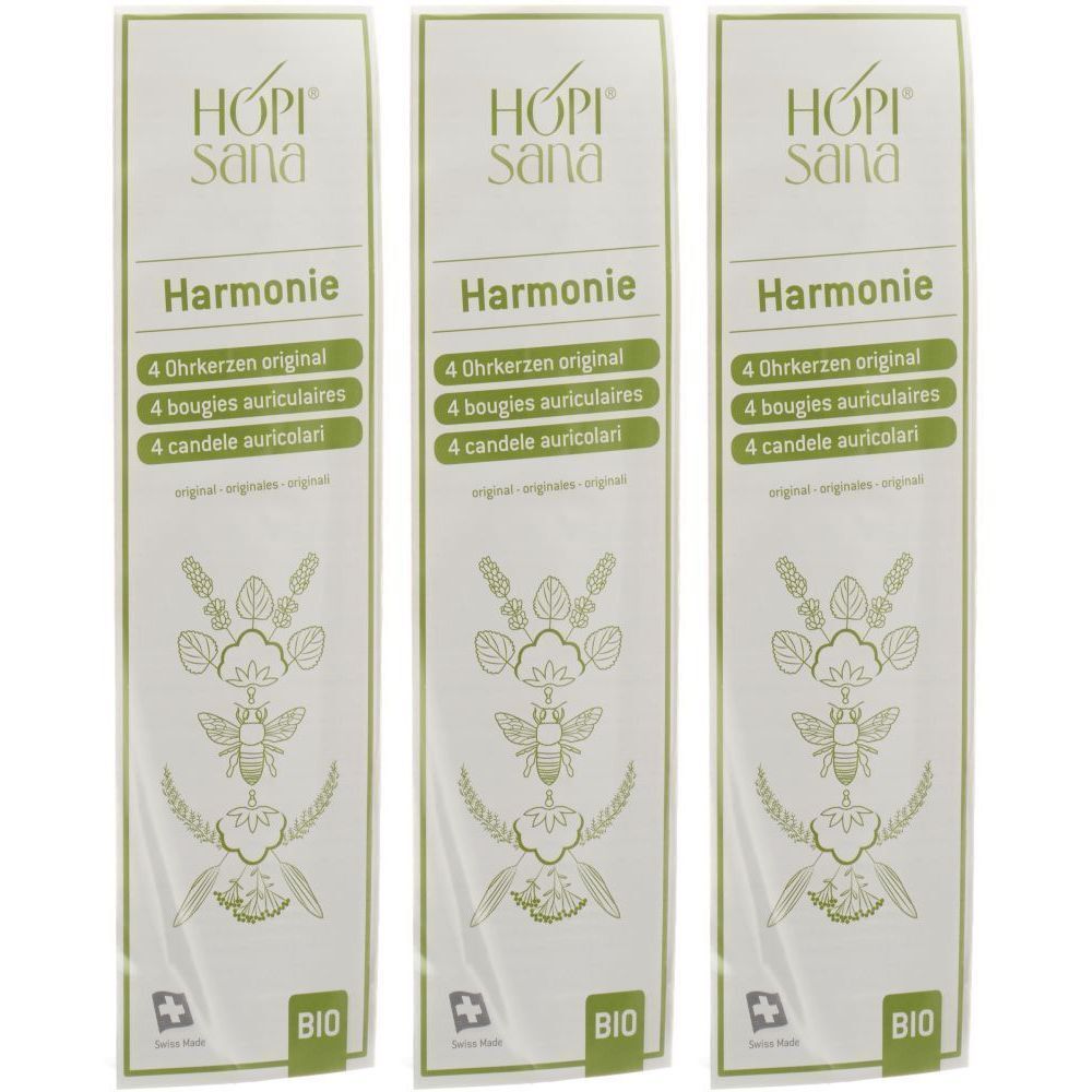 Trois paquets de bougies auriculaires. Chaque paquet affiche la marque HOPi Sana, le nom du produit Harmonie et le nombre 4.