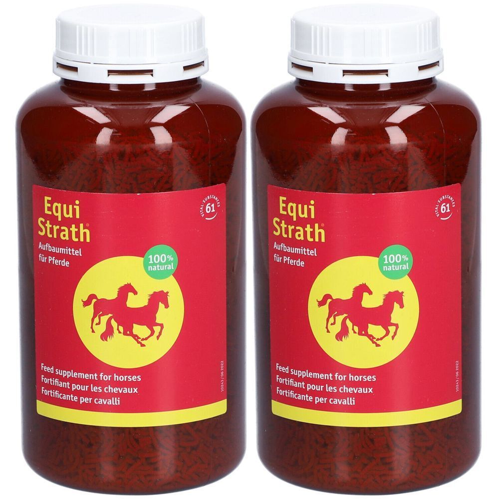 Deux flacons bruns avec bouchons blancs. Étiquette rouge avec nom du produit, logo et inscription "100% natural".