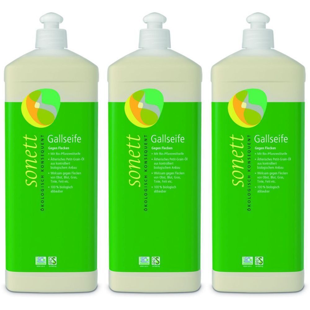 Trois flacons avec étiquette verte. Inscription : "sonett Gallseife". Avec certifications.