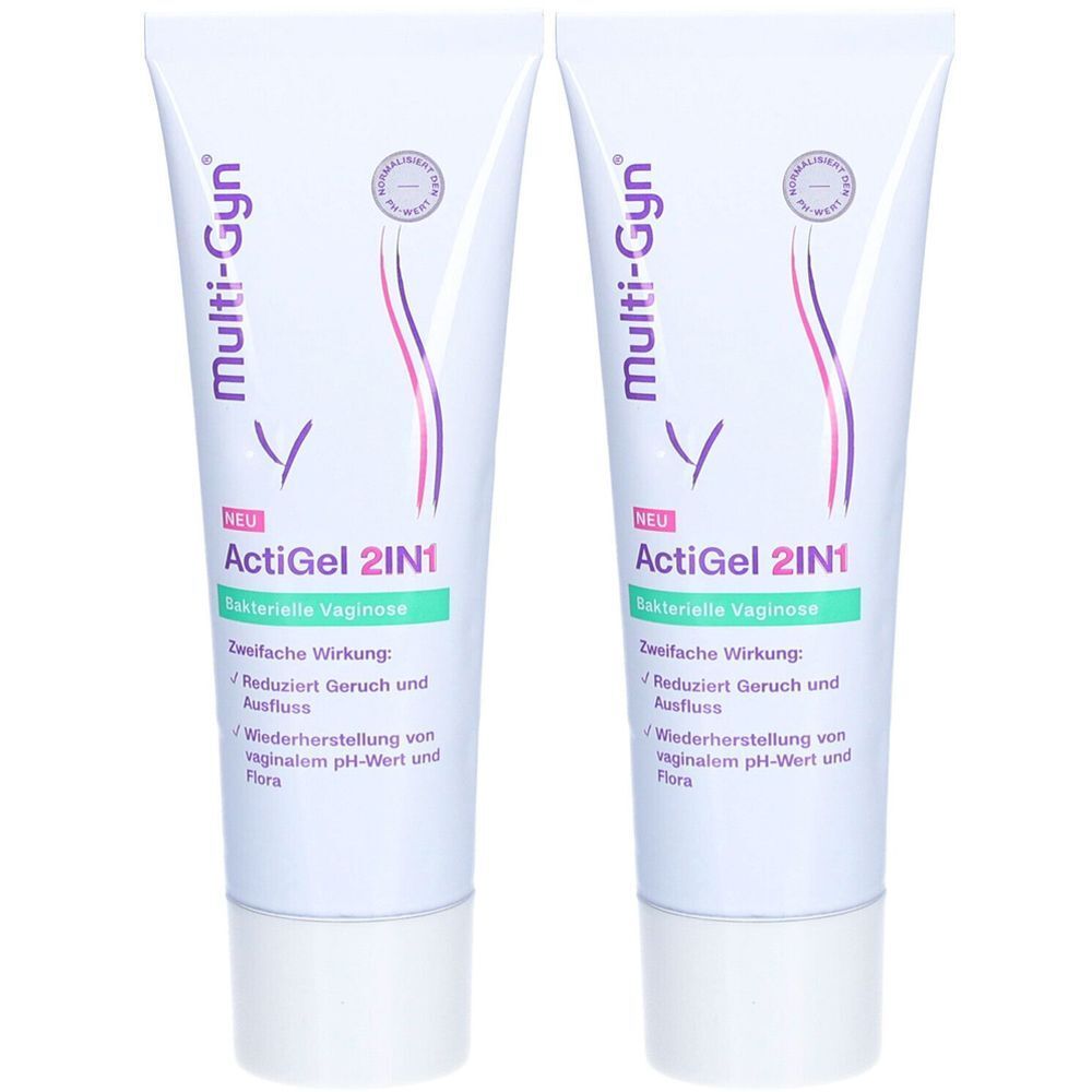 Deux tubes de Multi-Gyn ActiGel 2IN1. Tubes blancs avec lettrage violet et vert. Texte: Vaginose bactérienne, réduit les odeurs et les pertes.