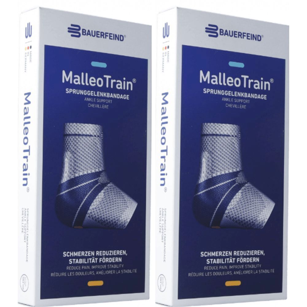 Deux boîtes de bandage de cheville MalleoTrain. Inscription : Bauerfeind, MalleoTrain, réduit la douleur, améliore la stabilité.