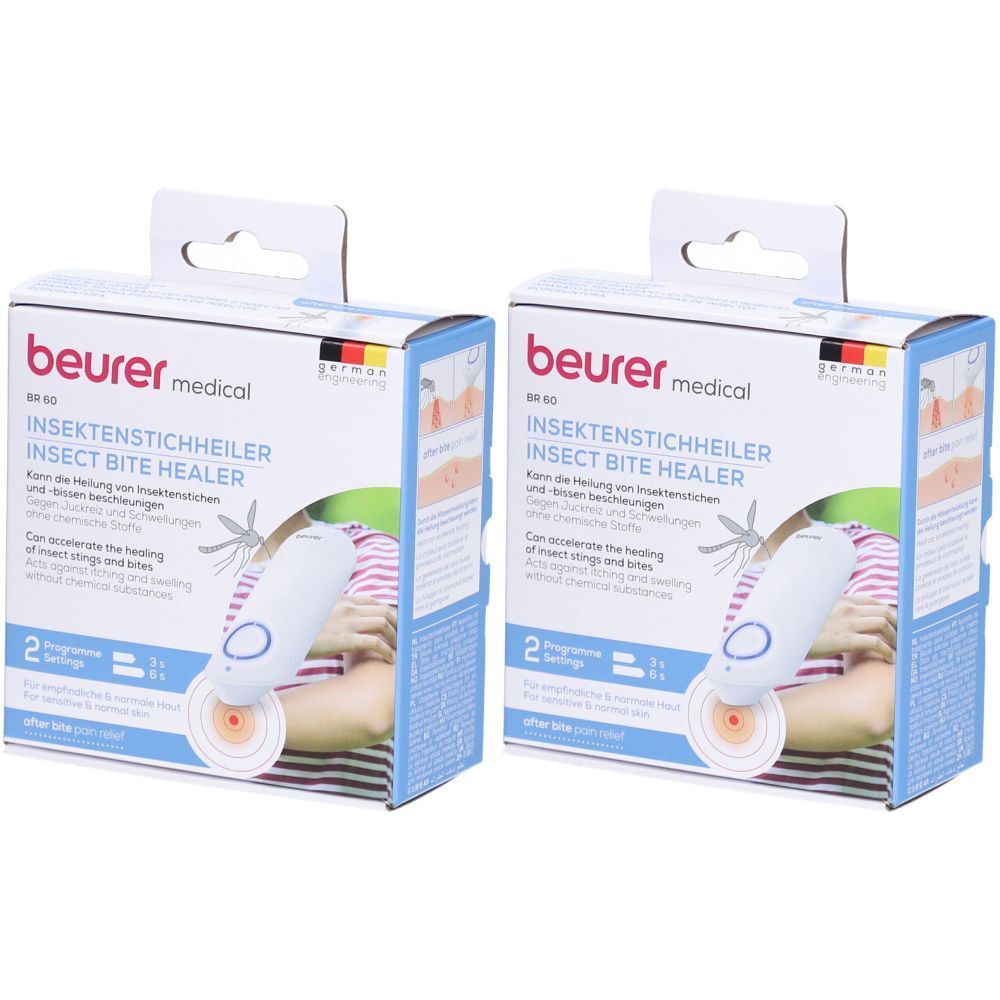 Deux boîtes de l'appareil Beurer Medical pour piqûres d'insectes. Inscriptions : marque, nom du produit, illustration, 2 programmes, Fabriqué en Allemagne.