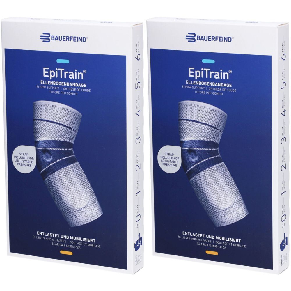 Deux boîtes de BAUERFEIND EpiTrain. Design bleu et blanc, illustration du produit, indication de taille.